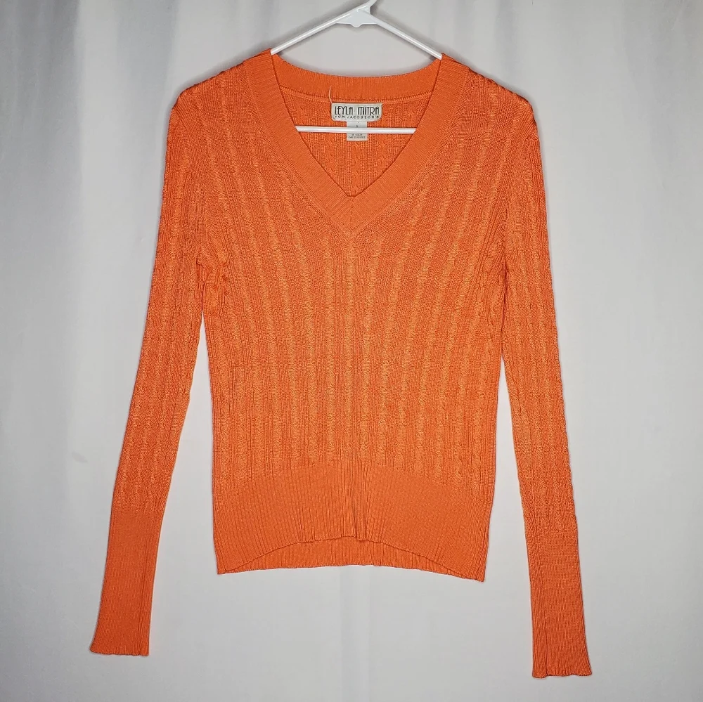 Leyla Mitra‎ Silk Cable Knit Sweater Womens Small Orange Vneck Vtg Quiet Luxury